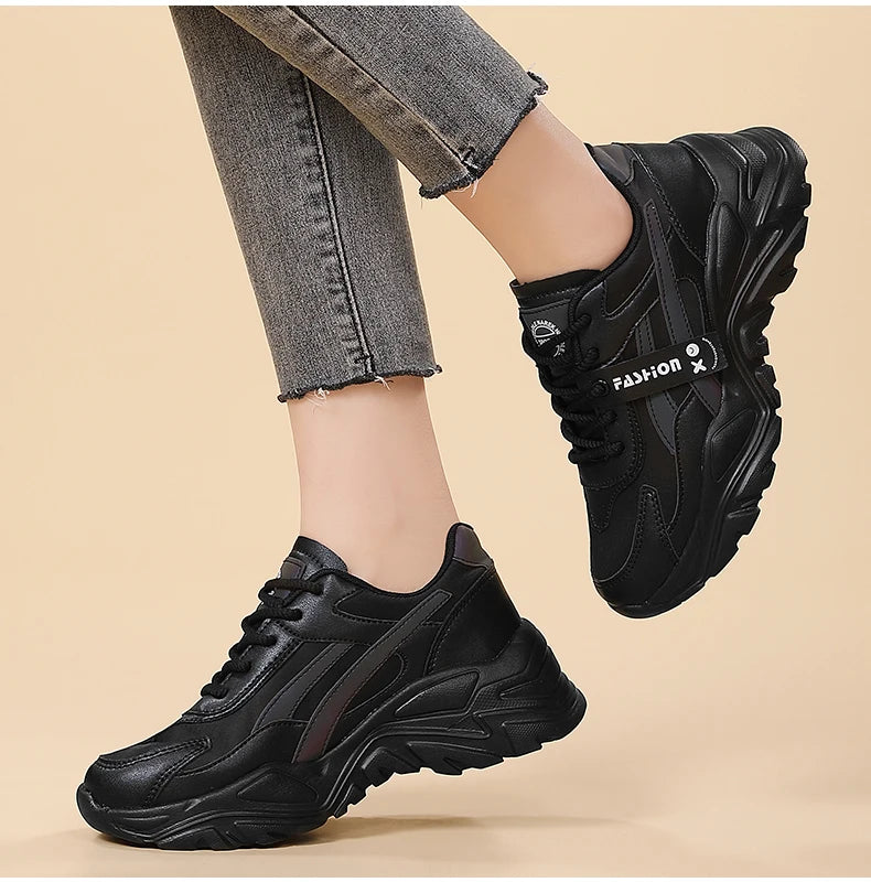 Casual Leather Sneakers for Women Autumn Winter Comfortable Walking Shoes Fashion Patchwork Thick Bottom Sports Shoes Female
