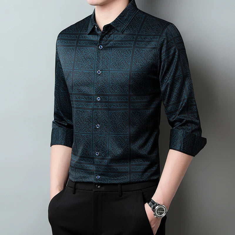 New Men's Casual Printed Long Sleeved Lapel Shirt for Spring and Autumn Fashion Comfortable Wrinkle Free Top Without Ironing