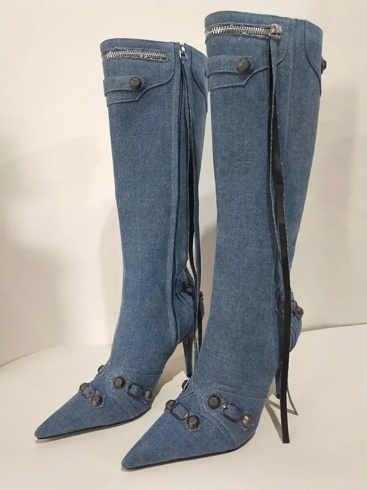 New 2024 Brand Design Knee High Boots Fashion Rivet Pointed Thin Heel Women's Boots 34-43 Fashion Hot Girls Denim Model Boots