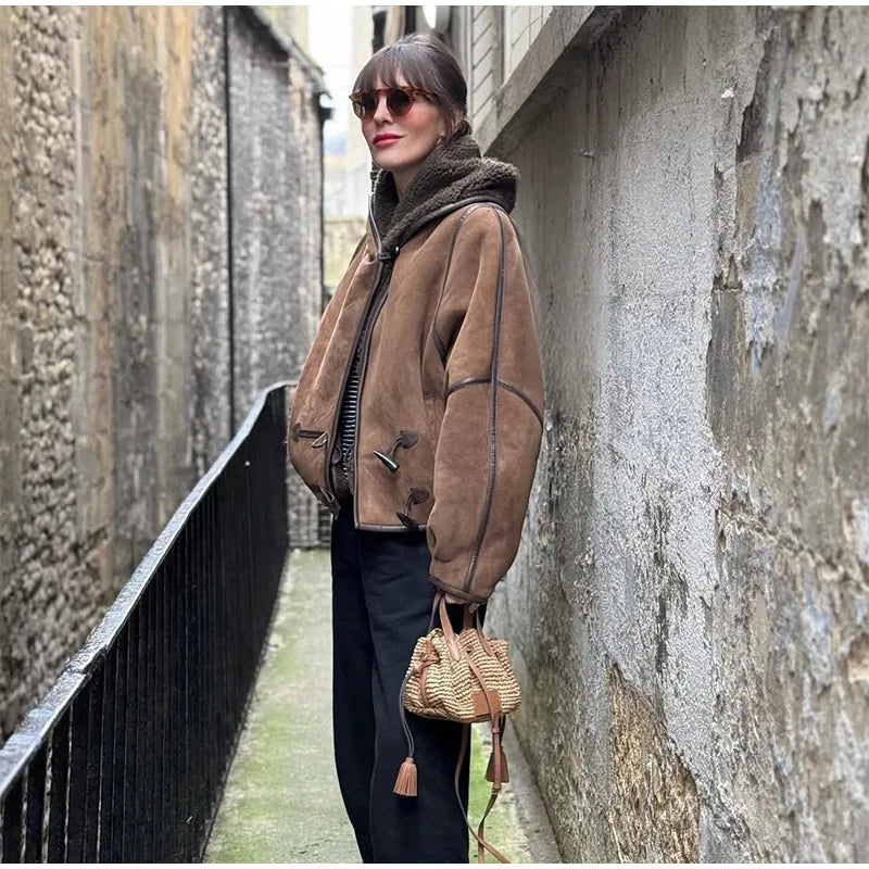 Hooded Patchwork Leather Jacket Woman Solid Color Long Sleeves Loose Single Breasted Coat Casual Street Women's New Warm Jackets