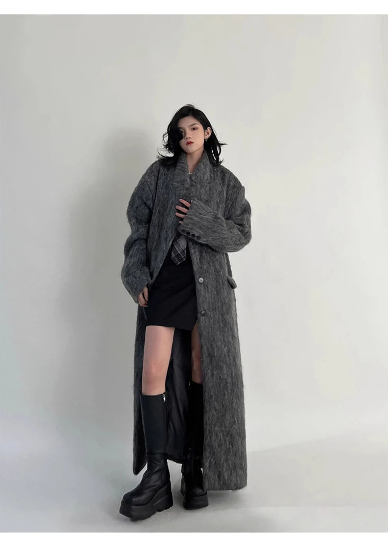 Lautaro Autumn Winter Clothes Women Oversized Extra Long Casual Warm Grey Wool & Blends Coat Women Maxi Fluffy Woolen Overcoat