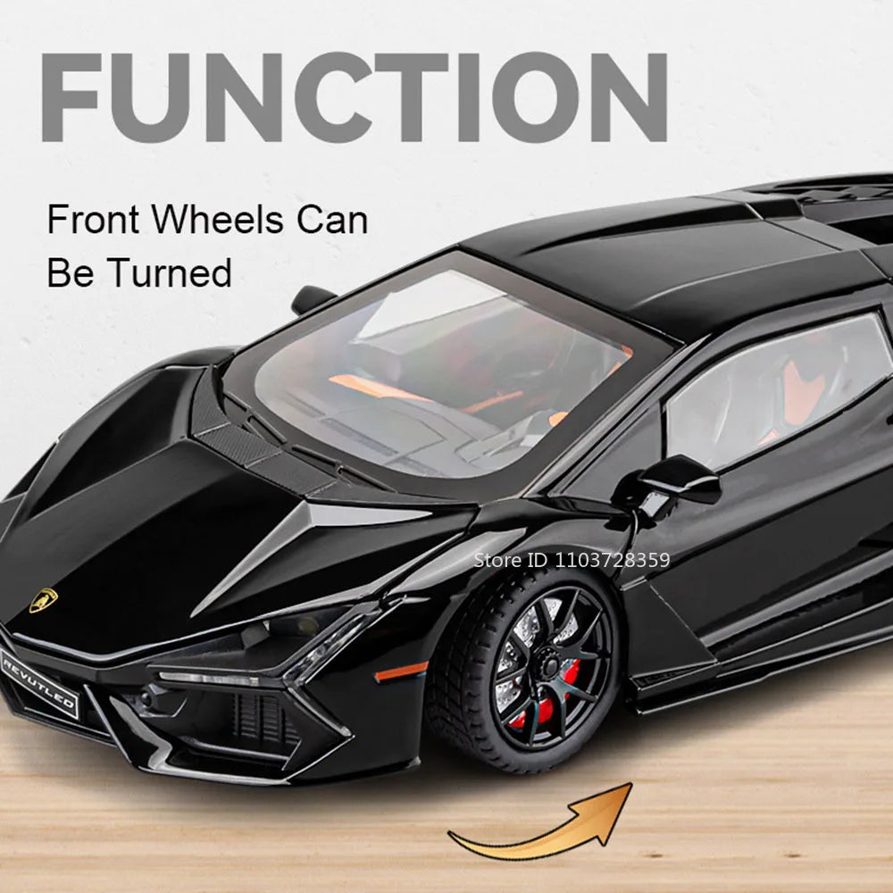 1:24 Scale REVUELTO Miniature Model Toy Sports Cars Alloy Diecast Supercars Sound Light Doors Opened Pull Back for Kids Gifts