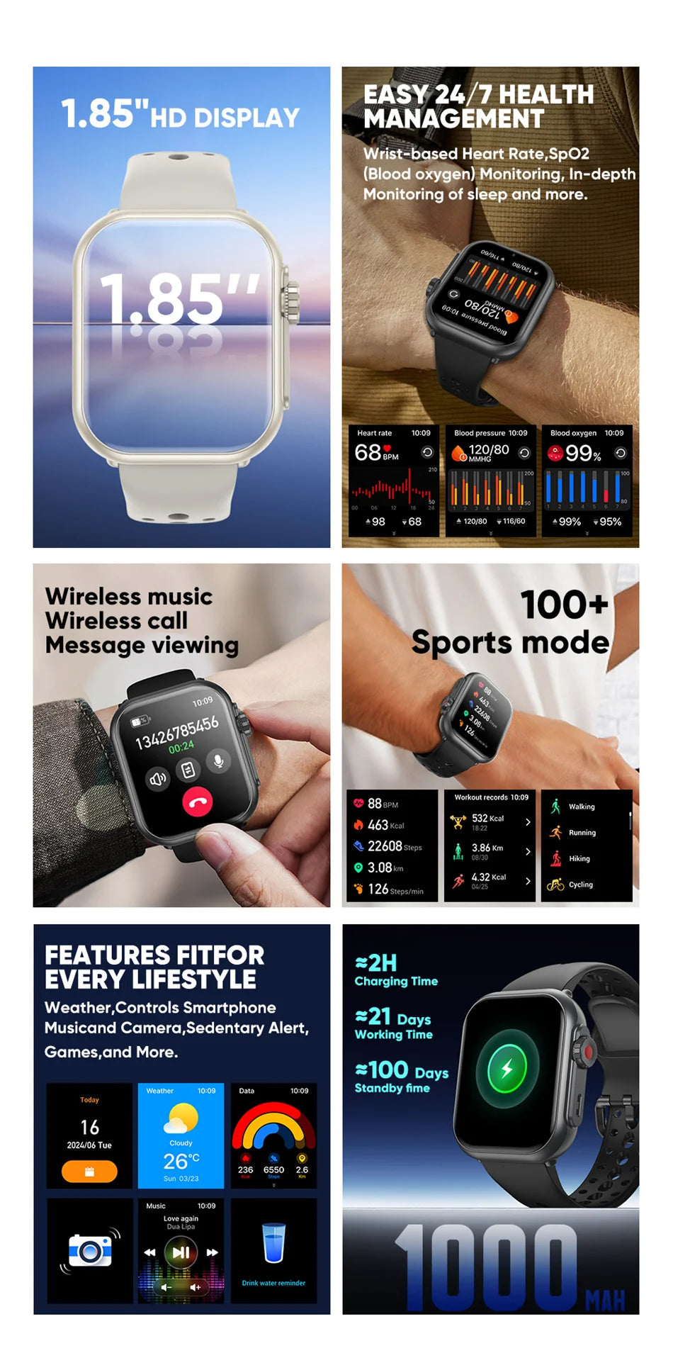 For Apple Watch Ultra 2 1000 mAh Smart Watch Men Women 1.85-inch HD Full Touch Screen IP68 Waterproof Bluetooth Call Smartwatch