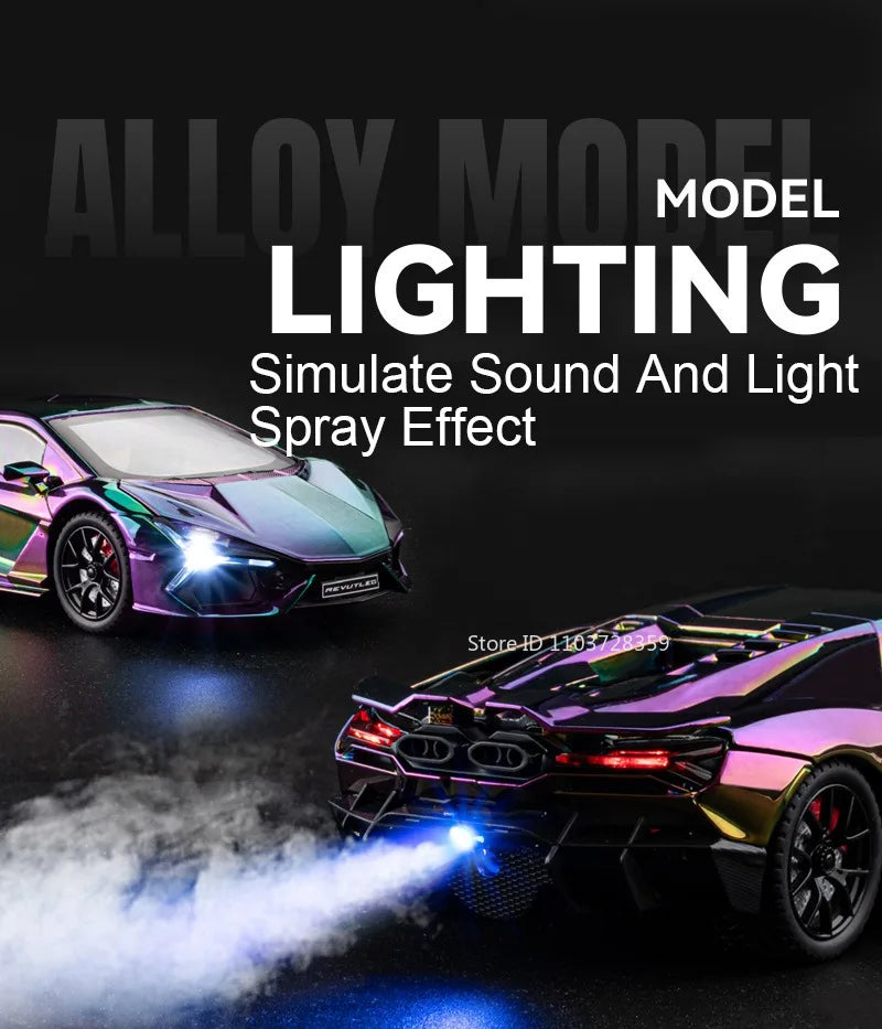 1:24 Scale REVUELTO Miniature Model Toy Sports Cars Alloy Diecast Supercars Sound Light Doors Opened Pull Back for Kids Gifts