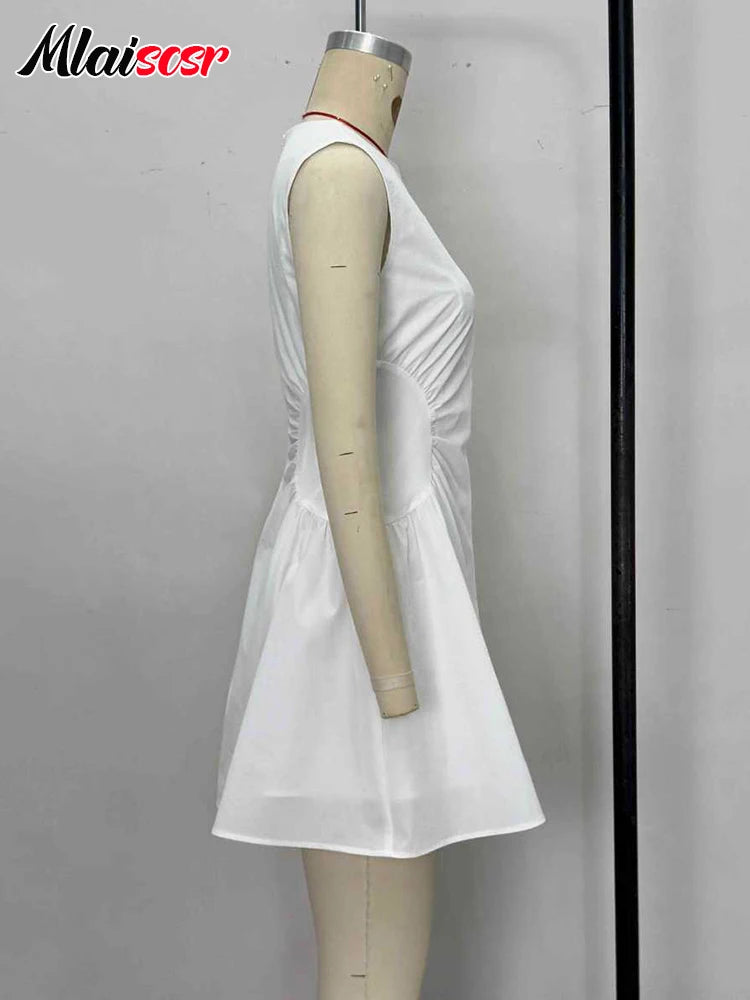 Mlaiscsr Elegant White A-line Mini Dress Women Autumn O Neck Sleeveless Nightclub Sexy Birthday Party Europe and America Vestido