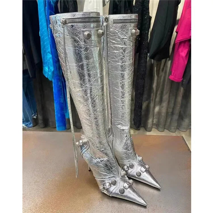 New 2024 Brand Design Knee High Boots Fashion Rivet Pointed Thin Heel Women's Boots 34-43 Fashion Hot Girls Denim Model Boots