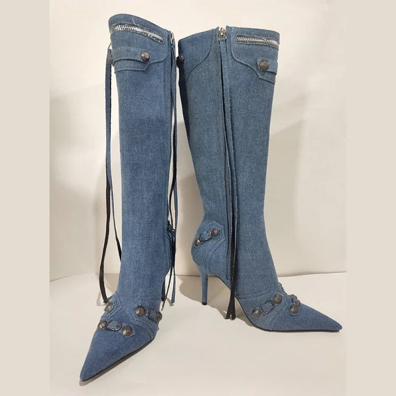 New 2024 Brand Design Knee High Boots Fashion Rivet Pointed Thin Heel Women's Boots 34-43 Fashion Hot Girls Denim Model Boots