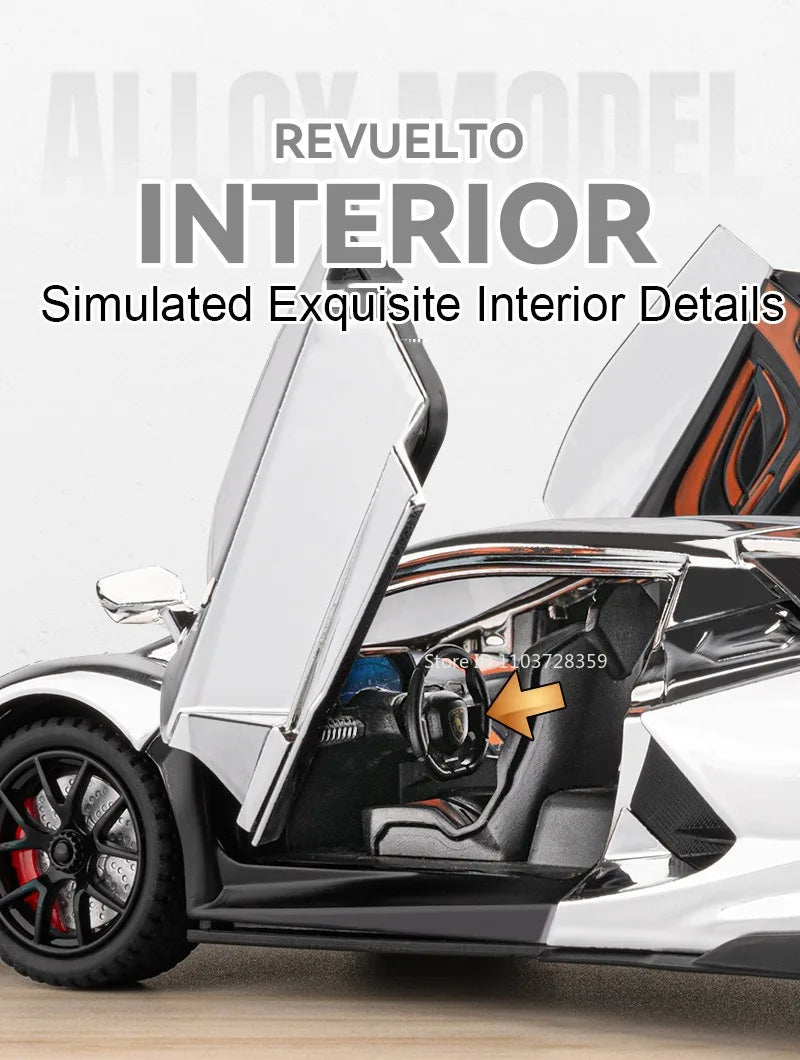 1:24 Scale REVUELTO Miniature Model Toy Sports Cars Alloy Diecast Supercars Sound Light Doors Opened Pull Back for Kids Gifts