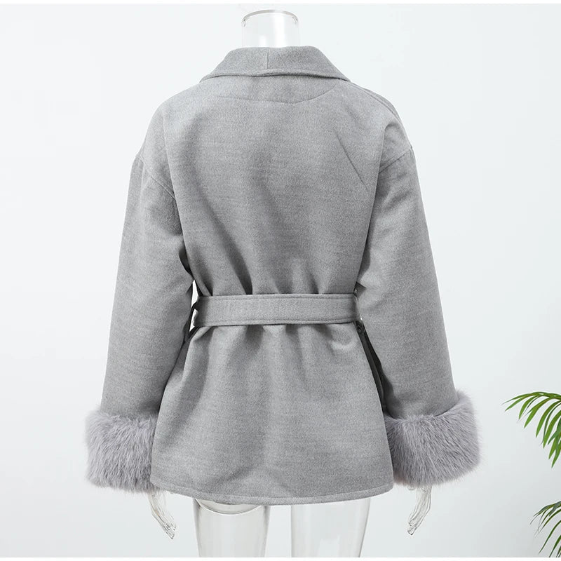 Elegant Lace Up Woolen Coat Women Solid Loose Lapel Furry Belt Long Sleeve Short Jacket 2025 Autumn Winter Lady Cardigan Outwear