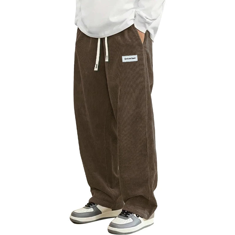 New Mens Corduroy Casual Pants Fashion Loose Fit Baggy Pants Straight Sweatpants Elastic Waist Drawstring Outdoor Streetwear