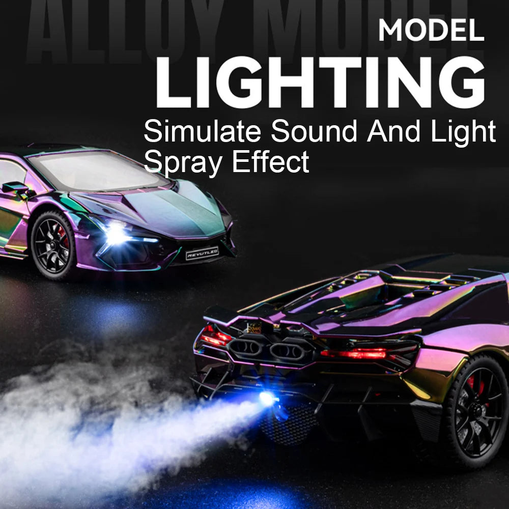 1:24 Scale REVUELTO Miniature Model Toy Sports Cars Alloy Diecast Supercars Sound Light Doors Opened Pull Back for Kids Gifts