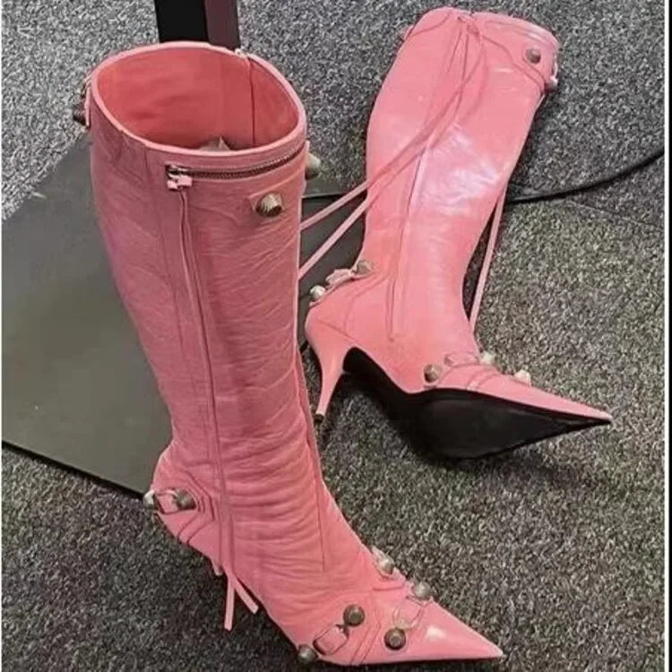 New 2024 Brand Design Knee High Boots Fashion Rivet Pointed Thin Heel Women's Boots 34-43 Fashion Hot Girls Denim Model Boots