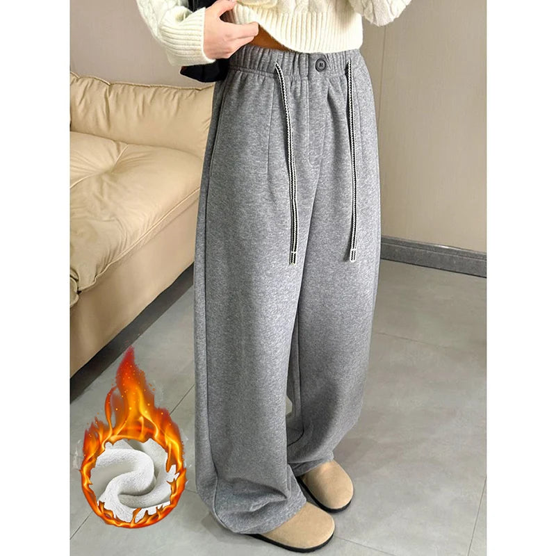 Winter Women Streetwear Baggy Fleece Pants Lady High Waist Snow Warm Plush Trousers Girls Slim Fit Daily Thermal Pants