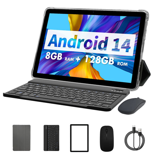 PRITOM Android 14 Tablet 10.1 Inch, 8GB(4+4 Expand) RAM + 128GB ROM, Octa Core, 5G WiFi, with Keyboard, Mouse, Case