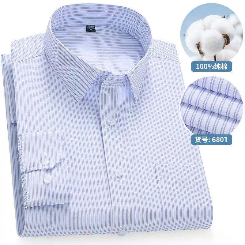 8XL Formal Office Wear 100 Cotton Long Sleeve Shirt for Men Business Casual Striped Work Shirt Men Long Sleeve White Black Blue