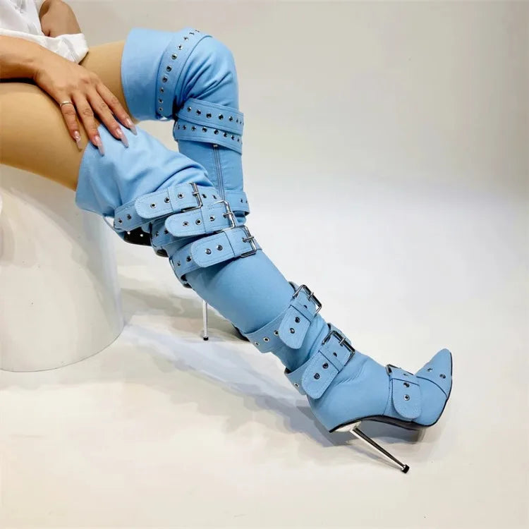 Blue Denim Metal Rivet Buckle Silvery Over Knee Boots Women Sexy Punk Style Silver Belt Buckle 12cm High Heel Sandals Size 34-43