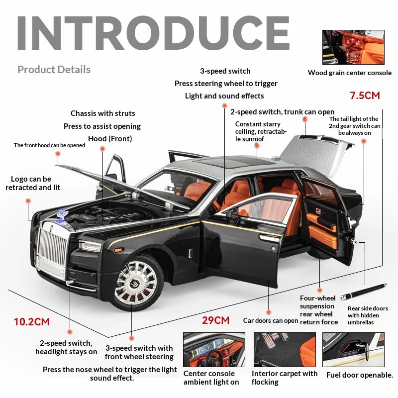 1:18 Rolls-Royce Phantom Model Car, Zinc Alloy Pull Back Toy Diecast Car with Sound and Light, Realistic Modeling Model Toy111