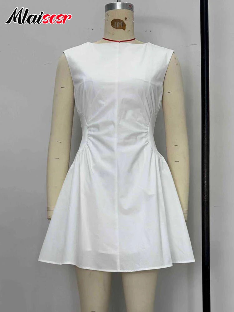 Mlaiscsr Elegant White A-line Mini Dress Women Autumn O Neck Sleeveless Nightclub Sexy Birthday Party Europe and America Vestido