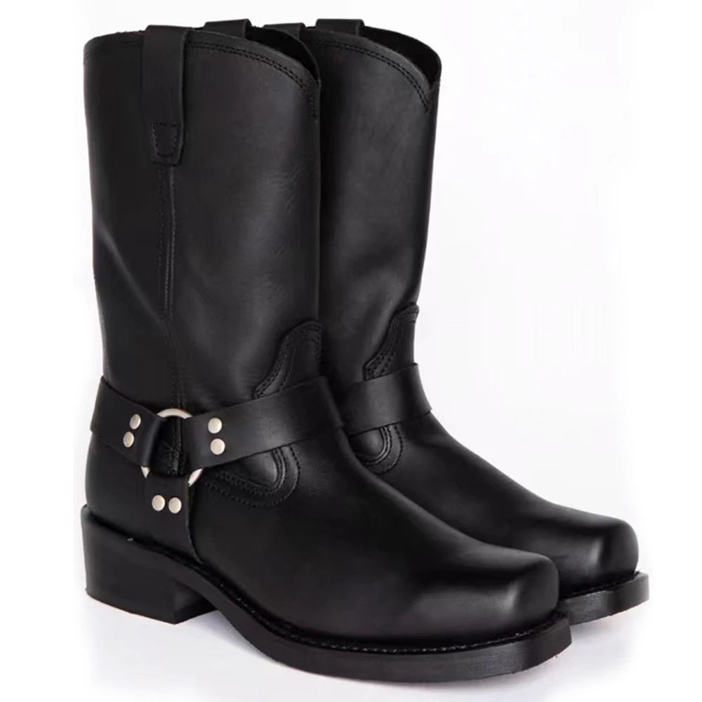 Retro Cowboy Boots Men Mid Calf Western Boots Men Pu Leather Boots Man Slip On Shoes Winter Knight Boots Booties Plus Size 39-48