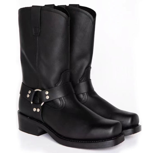 Retro Cowboy Boots Men Mid Calf Western Boots Men Pu Leather Boots Man Slip On Shoes Winter Knight Boots Booties Plus Size 39-48