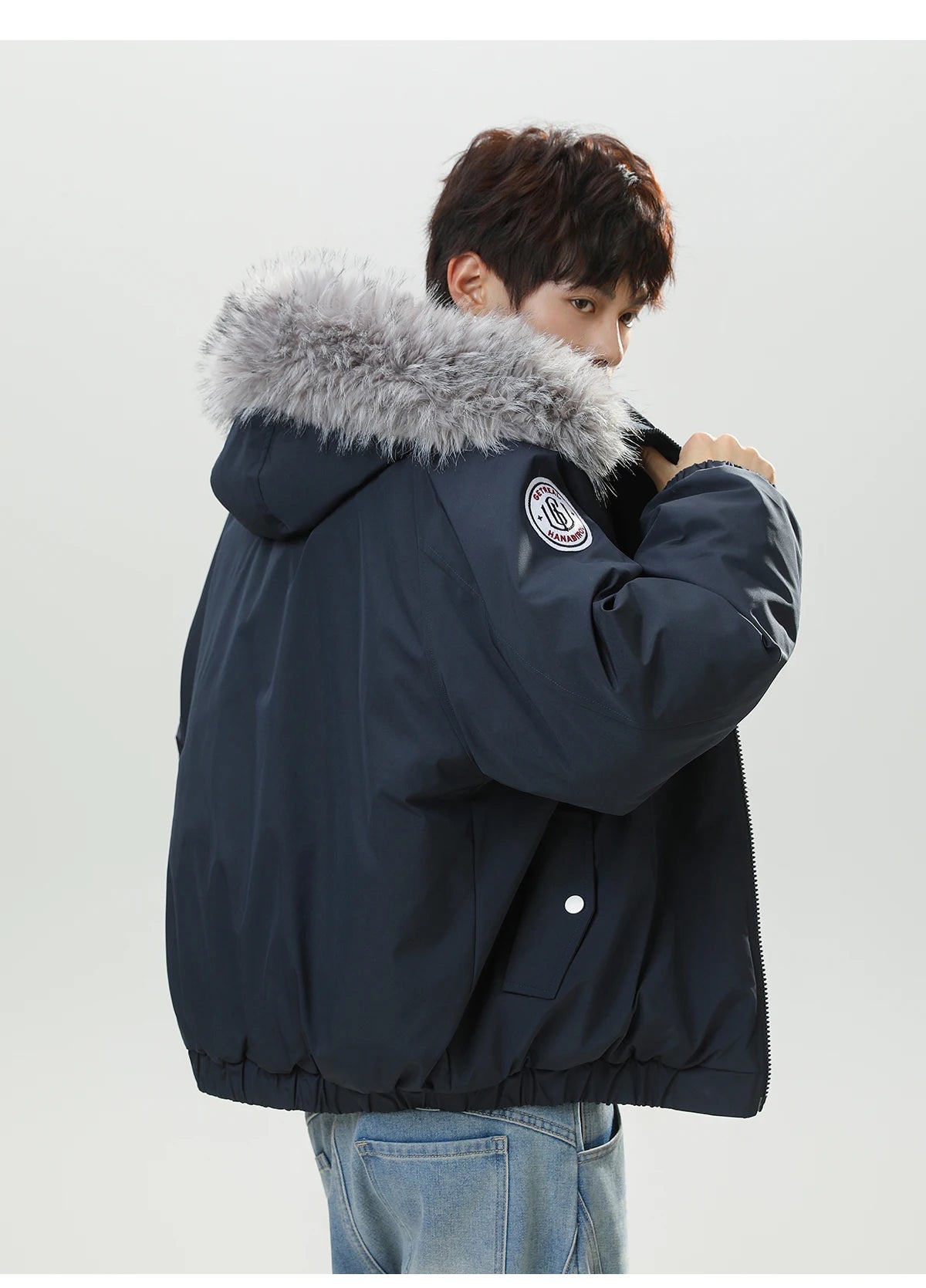 HANGRY 2025 Men's Detachable Fur Hood Parka Short Box Quilted Jacket Water-Resistant Workwear Winter Coat Thermal Insulated