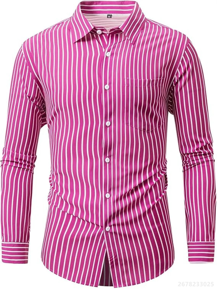 Men's shirts, long-sleeved lapel business formal button-down shirts, men's striped shirts, high-quality men's tops XS-6XL