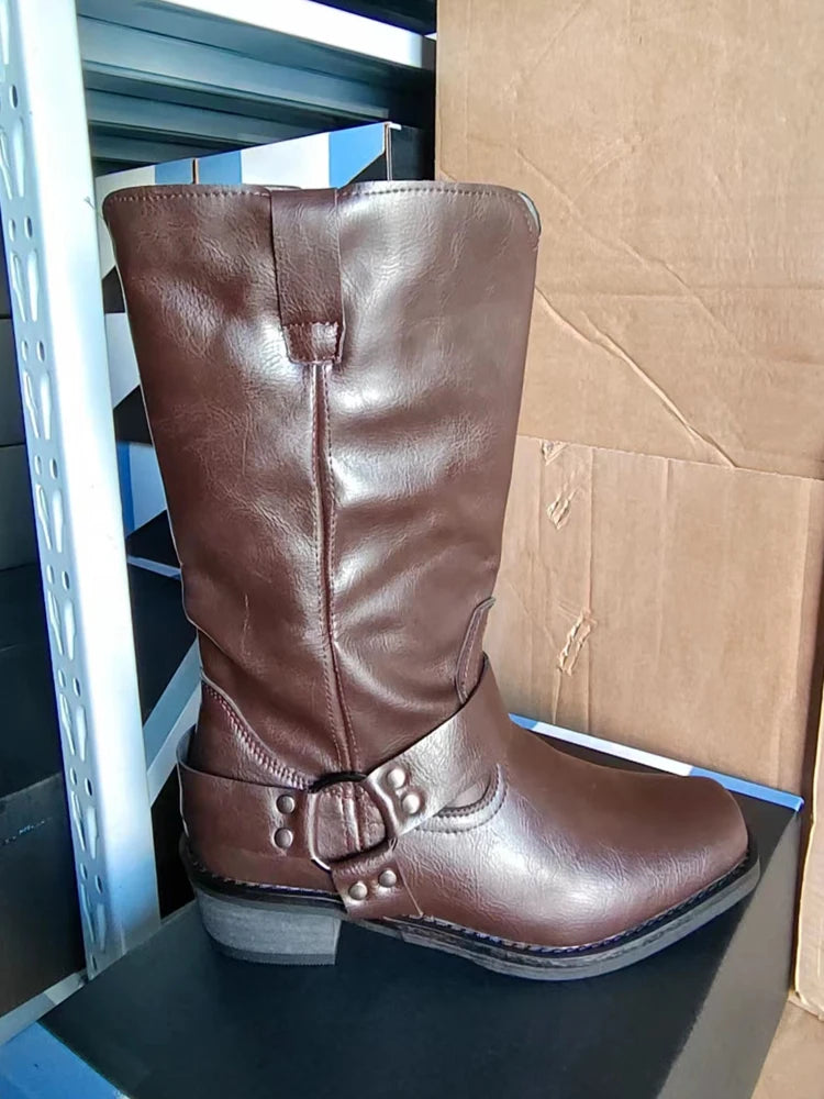 Retro Cowboy Boots Men Mid Calf Western Boots Men Pu Leather Boots Man Slip On Shoes Winter Knight Boots Booties Plus Size 39-48