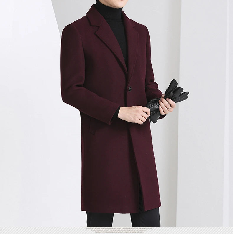 Winter Autumn Men's Timeless Woolen Overcoat Grey Navy Black Burgundy Notched Collar Design Cashmere Coat Plus Size Menswear