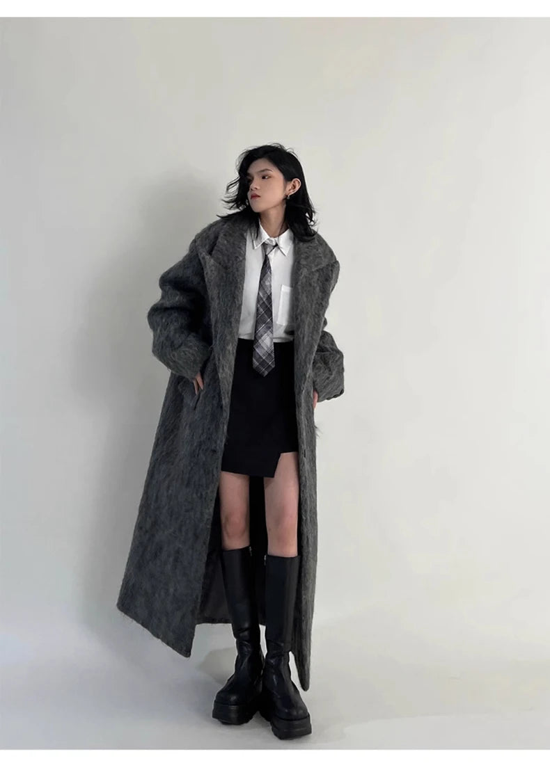 Lautaro Autumn Winter Clothes Women Oversized Extra Long Casual Warm Grey Wool & Blends Coat Women Maxi Fluffy Woolen Overcoat