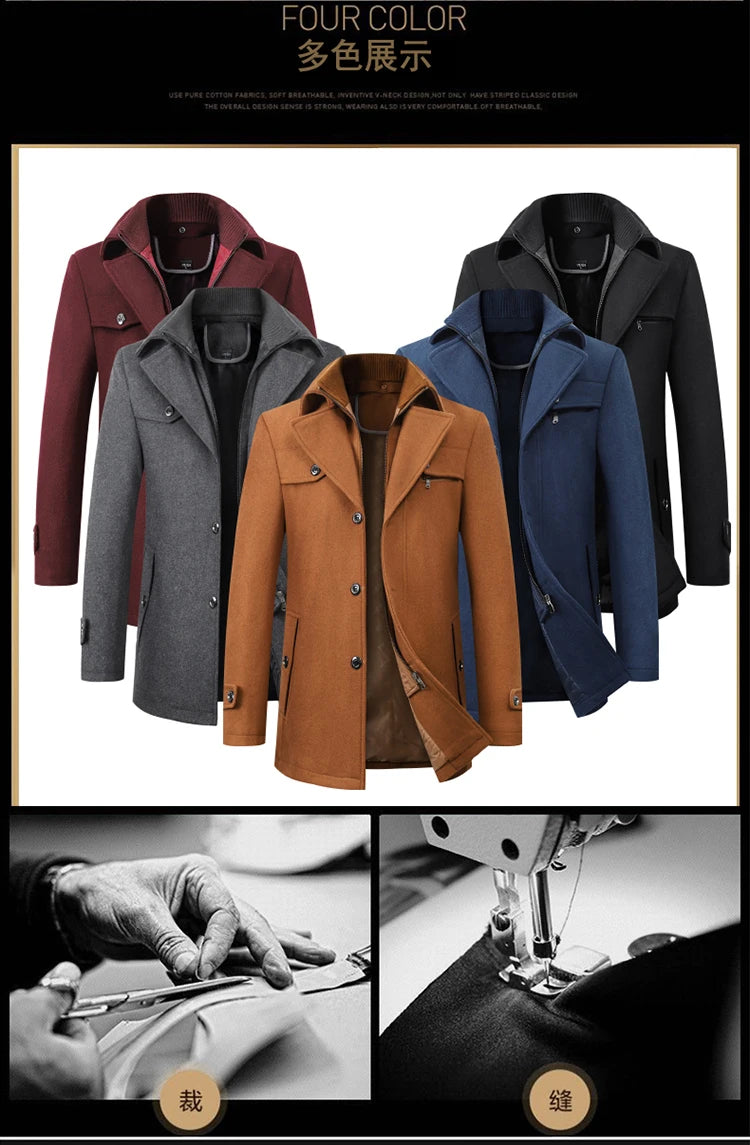 Men's Autumn Winter Fashion High-End Atmosphere Long Thickened Wool Overcoat Middle-Aged Men's Stylish Woolen Coat