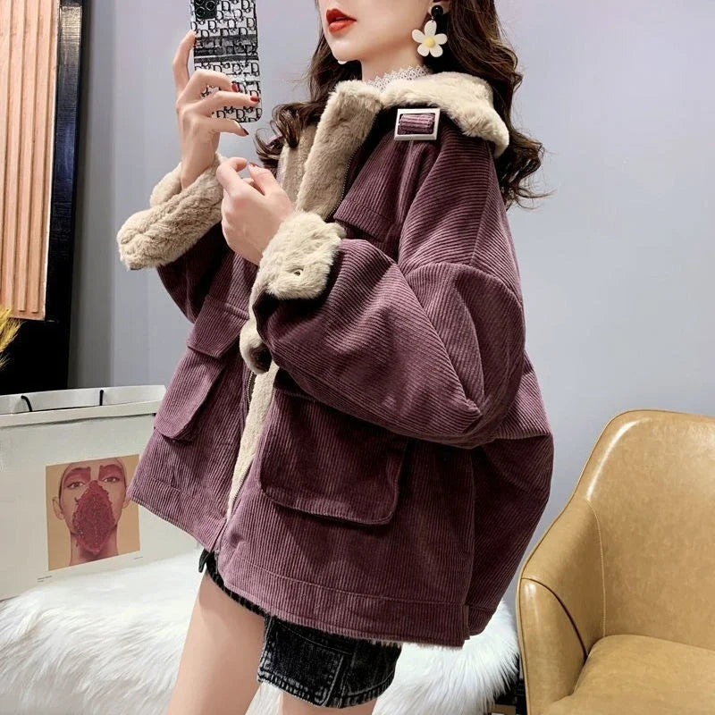 Women's Autumn Winter Casual Parkas Versatile Loose Short Thickened Warm Corduroy Cotton Clothes Trend Lamb Wool Tooling Jacket