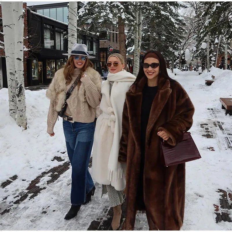 Woman Mixed Color Long Faux Fur Coat Fashion Lapel Collar Full Sleeve Loose Overcoat 2025 Winter Lady Warm High Street Outwear