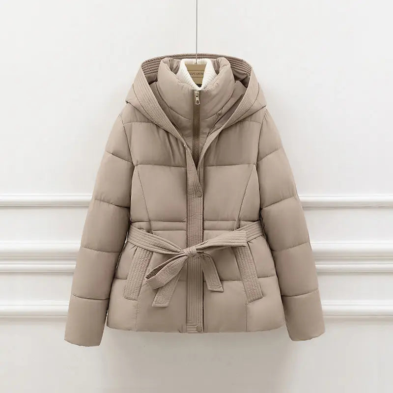 2025 New Winter Jacket Women Warm Parkas Long Sleeve Tops Casual Cotton Padded Jackets Belt Black Brown Hooded Outerwear Female
