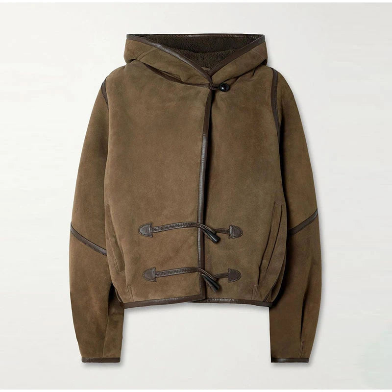 Hooded Patchwork Leather Jacket Woman Solid Color Long Sleeves Loose Single Breasted Coat Casual Street Women's New Warm Jackets