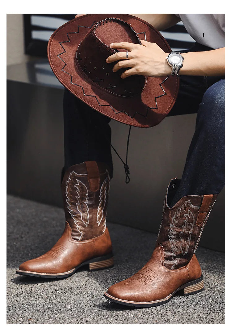 Vintage Embroidery Men's Cowboy Boots High Top Motorcycle Boots Men Shoes Fashion Square Toe Warm Boots
