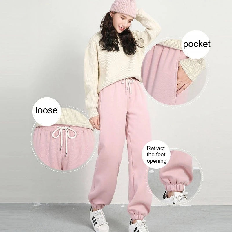 Women's Fleece Lined Joggers Winter Plush Pants High Waist Adjustable Drawstring Lounge Street Comfortable Casual Trousers