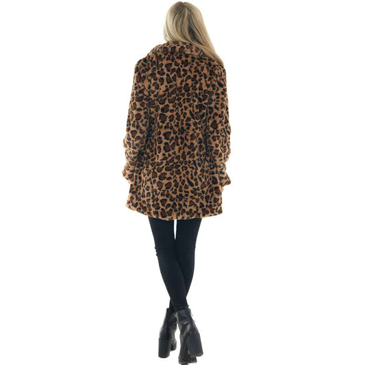 Women Winter Warm Faux Fur Coat Fashion Casual Turn-down Collar Leopard Jackets Ladies Streetwear Long Sleeve Pockets Overcoats