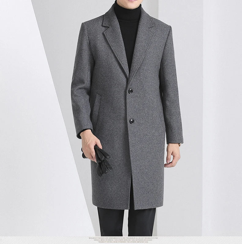 Winter Autumn Men's Timeless Woolen Overcoat Grey Navy Black Burgundy Notched Collar Design Cashmere Coat Plus Size Menswear