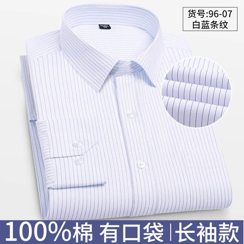 8XL Formal Office Wear 100 Cotton Long Sleeve Shirt for Men Business Casual Striped Work Shirt Men Long Sleeve White Black Blue