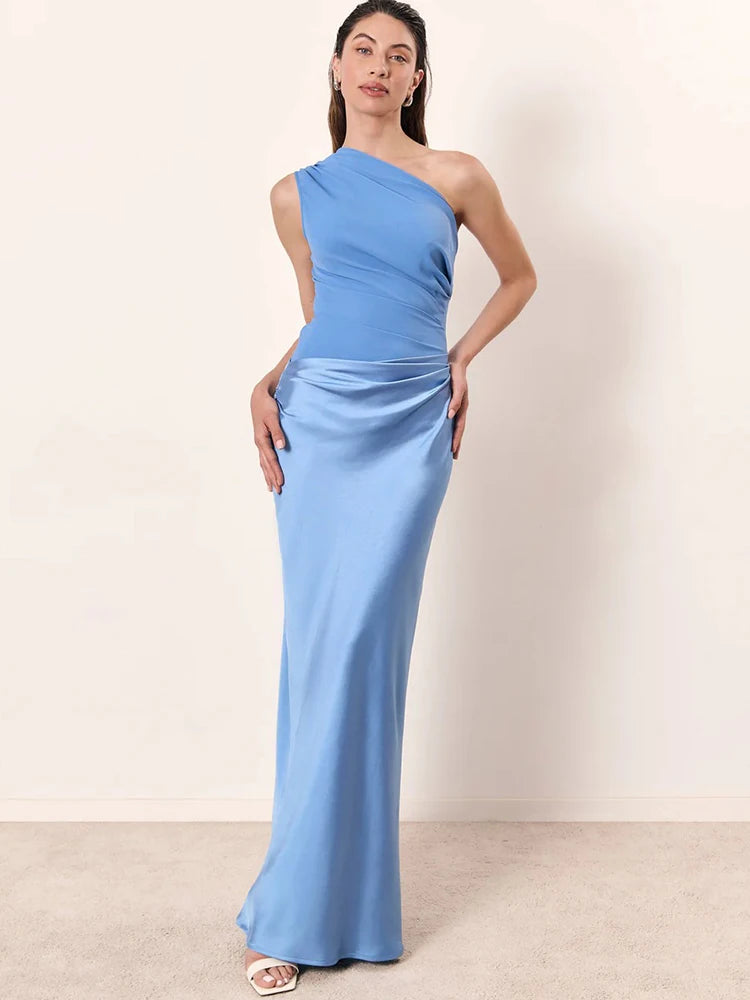 JULISSA MO Patchwork Satin Sexy One Shoulder Women Maxi Dress Brown Sleeveless Evening Dress Summer Slim Elegant Party Clubwear