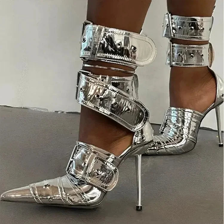Blue Denim Metal Rivet Buckle Silvery Over Knee Boots Women Sexy Punk Style Silver Belt Buckle 12cm High Heel Sandals Size 34-43