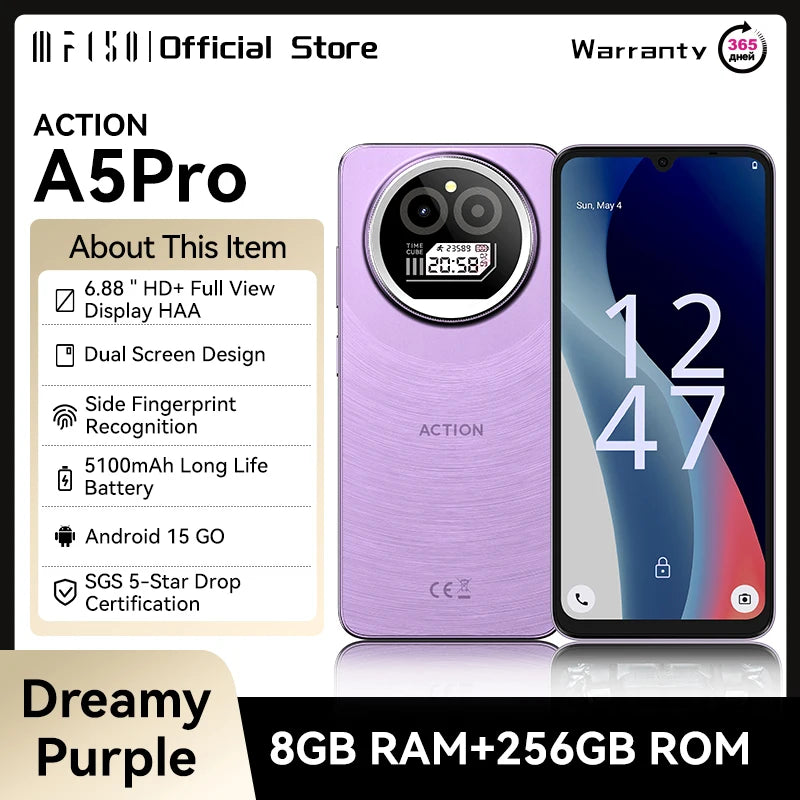 IIIF150 Action A5Pro Phone Android 15 Smartphone 8GB RAM 256GB ROM 6.8inch HD+ HAA Display Dual Screen Design 5100mAh Battery