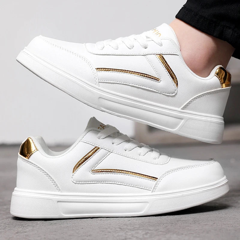White Sports Shoes for Women Lace Up Sports Leisure Board Shoe Stylish Low Top Bling Skateboard Sneakers Casual Pu Leather Shoes