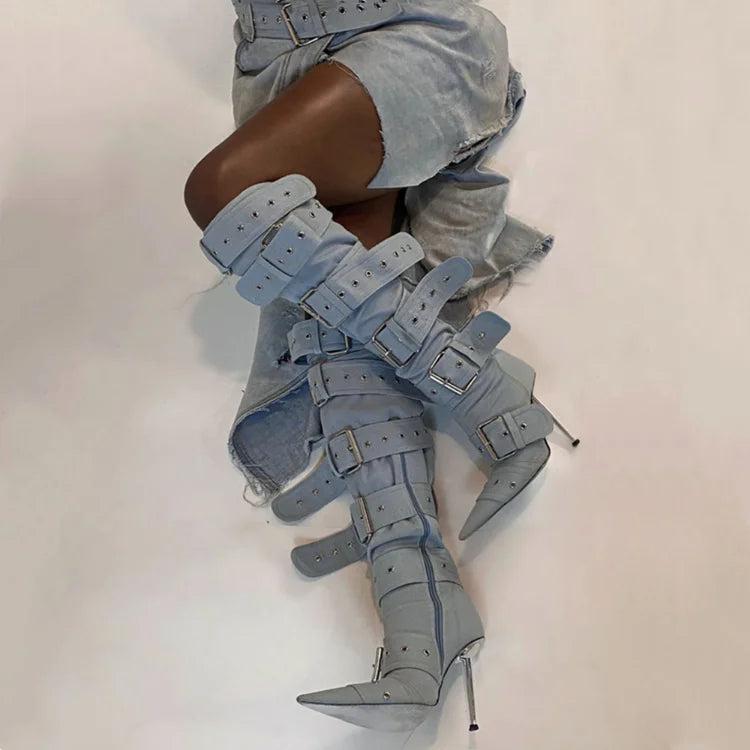 Blue Denim Metal Rivet Buckle Silvery Over Knee Boots Women Sexy Punk Style Silver Belt Buckle 12cm High Heel Sandals Size 34-43
