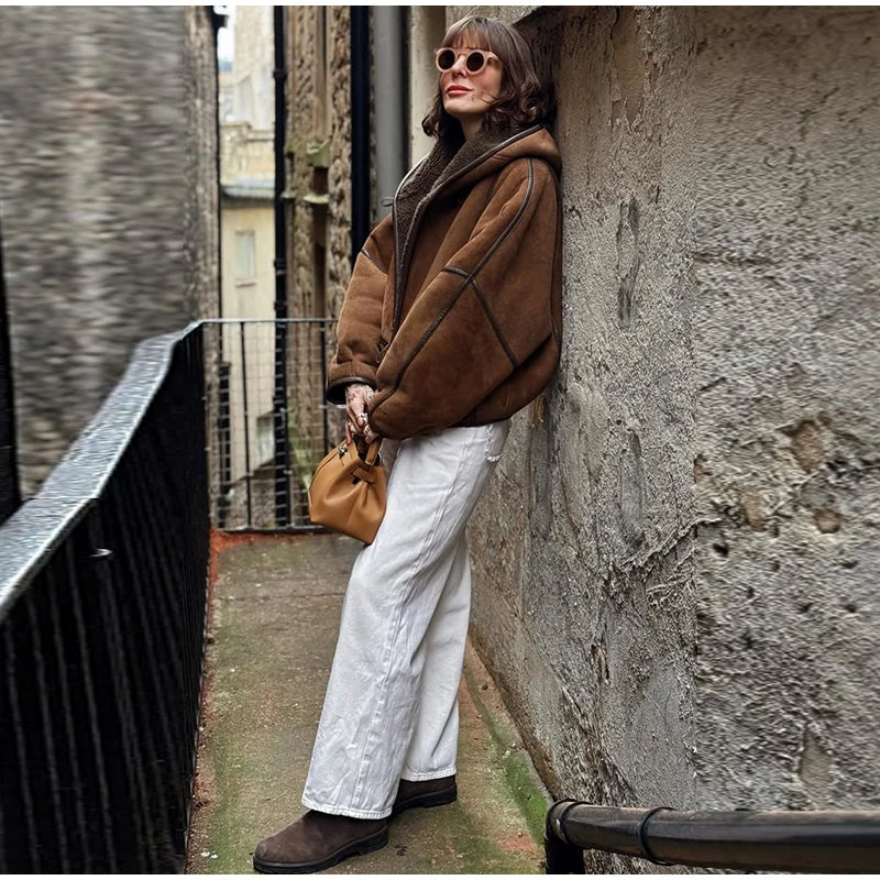 Hooded Patchwork Leather Jacket Woman Solid Color Long Sleeves Loose Single Breasted Coat Casual Street Women's New Warm Jackets