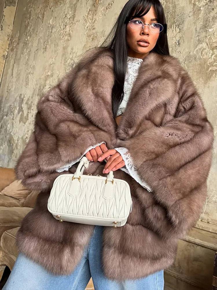 Woman Mixed Color Long Faux Fur Coat Fashion Lapel Collar Full Sleeve Loose Overcoat 2025 Winter Lady Warm High Street Outwear