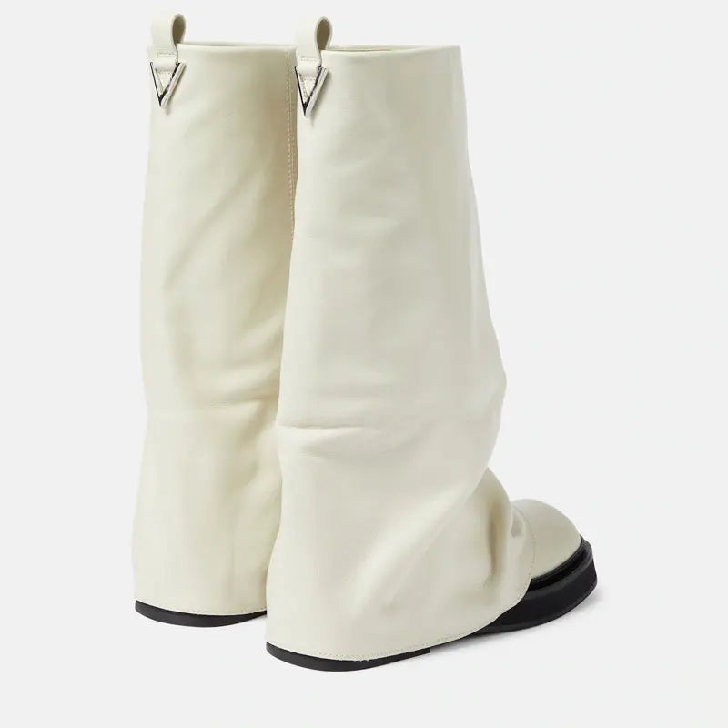 Women's New Autumn and Winter Calf Boots with Pleated Thick High Heels and Fashionable Oversized Street Leather Mid Leg Boots