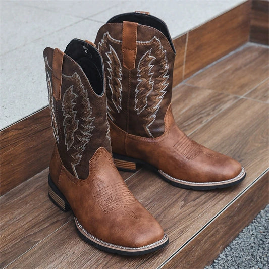 Vintage Embroidery Men's Cowboy Boots High Top Motorcycle Boots Men Shoes Fashion Square Toe Warm Boots