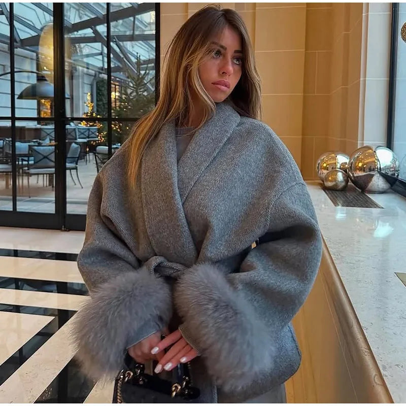 Elegant Lace Up Woolen Coat Women Solid Loose Lapel Furry Belt Long Sleeve Short Jacket 2025 Autumn Winter Lady Cardigan Outwear