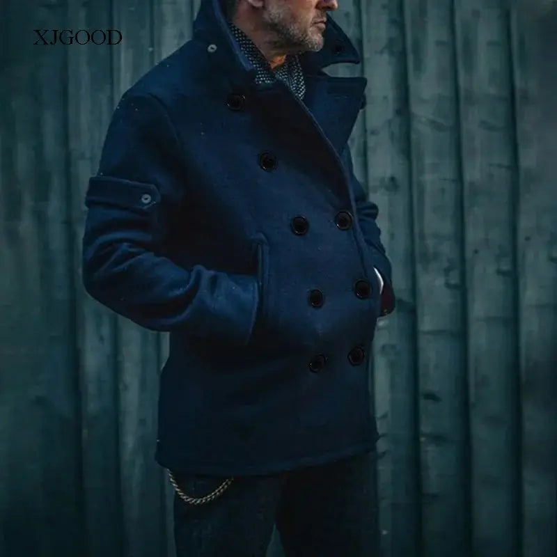Men's Pure Color Woolen Coat with Buttoned Collar ort Sve V-Ne Outerwear for Young Men in Autumn Season